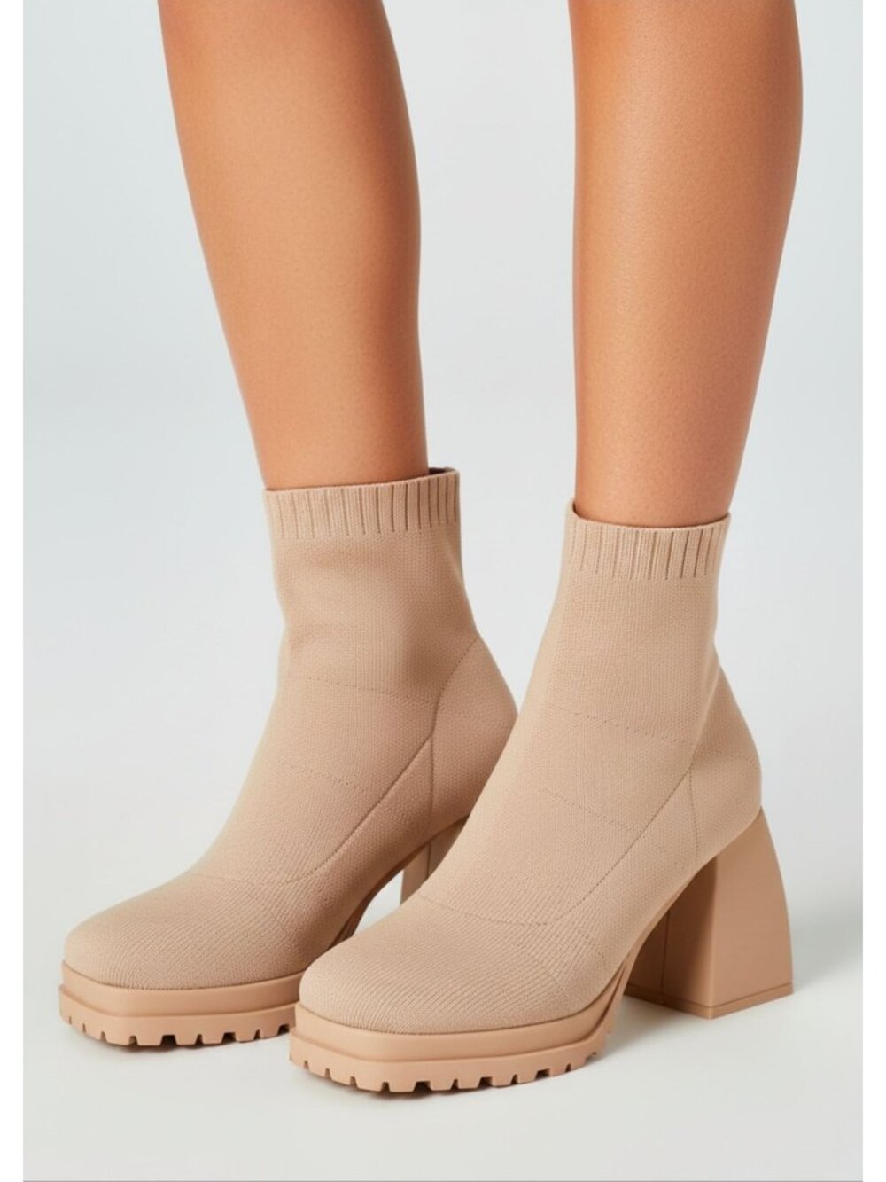 Chunky Heel Knit Ankle Boots Nude Lug Sole Sock Booties For Women